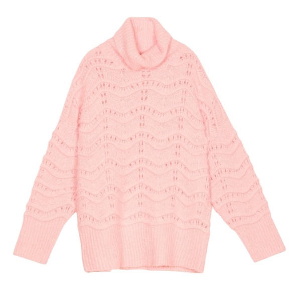 NWT FRNCH S/M Sweater Light Pink Turtleneck Oversized Open Knit Balloon Sleeve - Picture 4 of 8